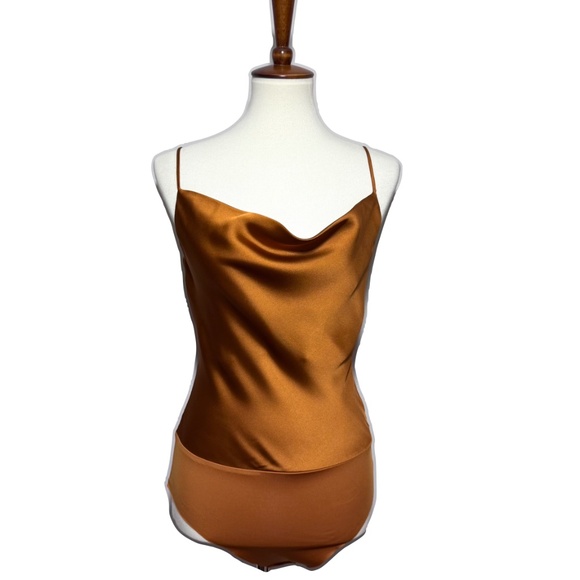House of Harlow 1960 Bronze Drape Neck Spaghetti Strap Bodysuit Size Small - Picture 1 of 9